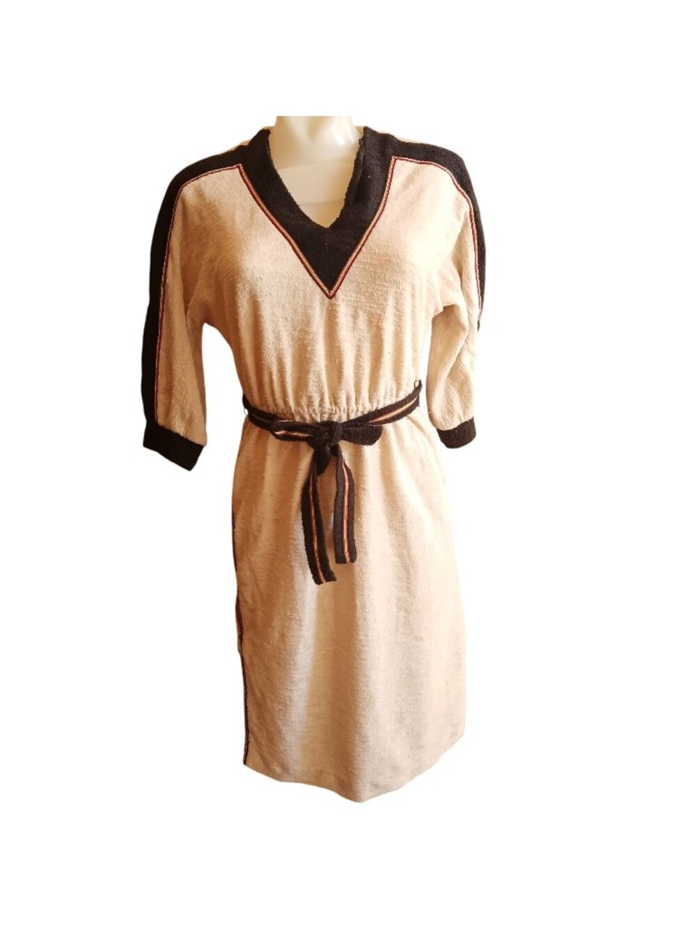 True Vintage Dress Petite MS 1970s Terrycloth Belted Disco Trimmed V-Neck